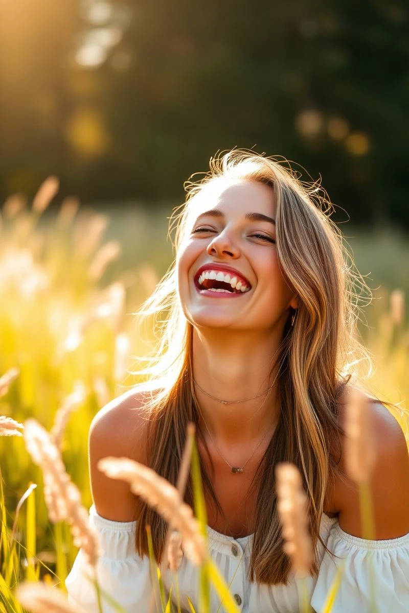 Woman laughing in a sunlit field