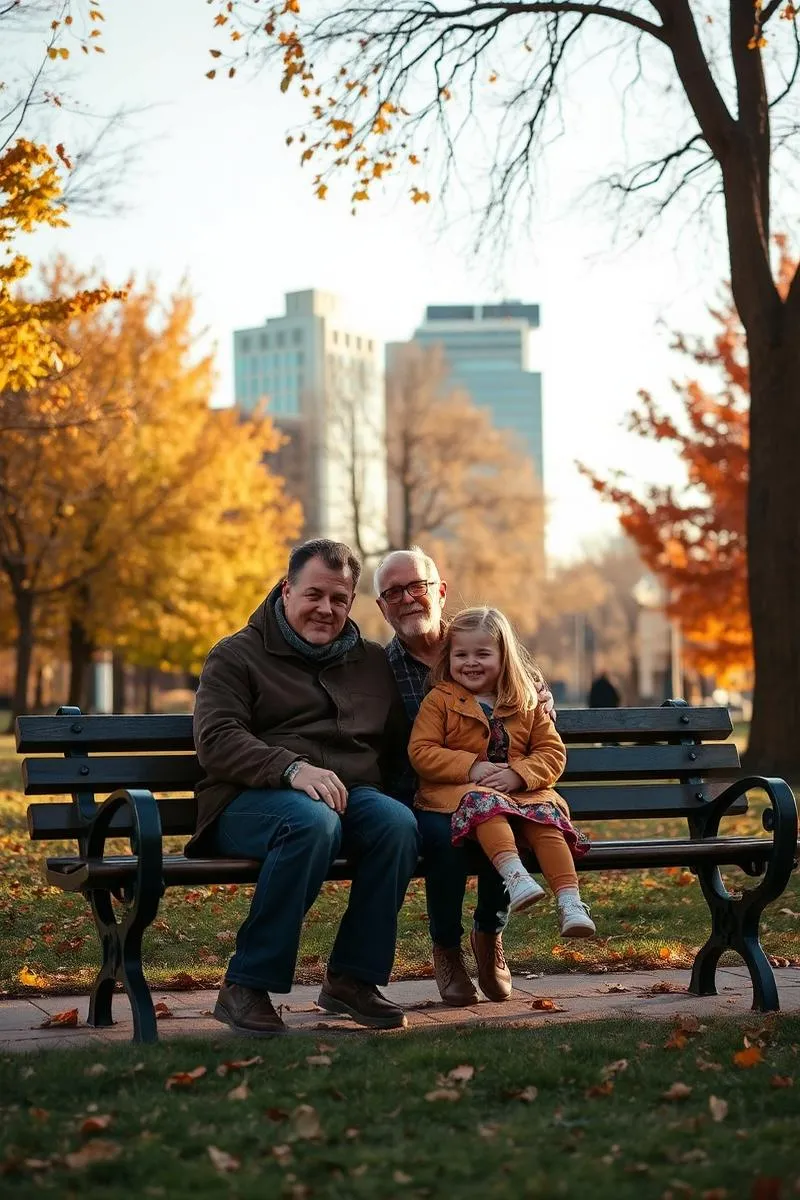 Family on a park bench in autumn