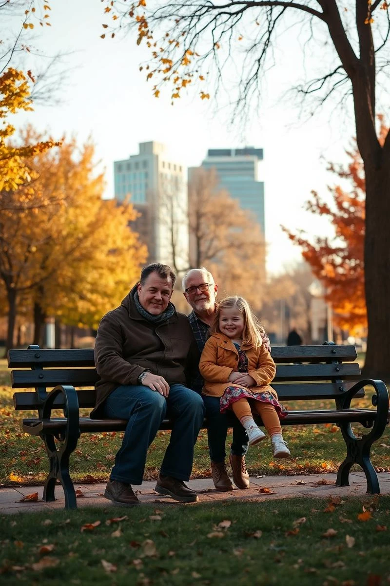 Family on a park bench in autumn